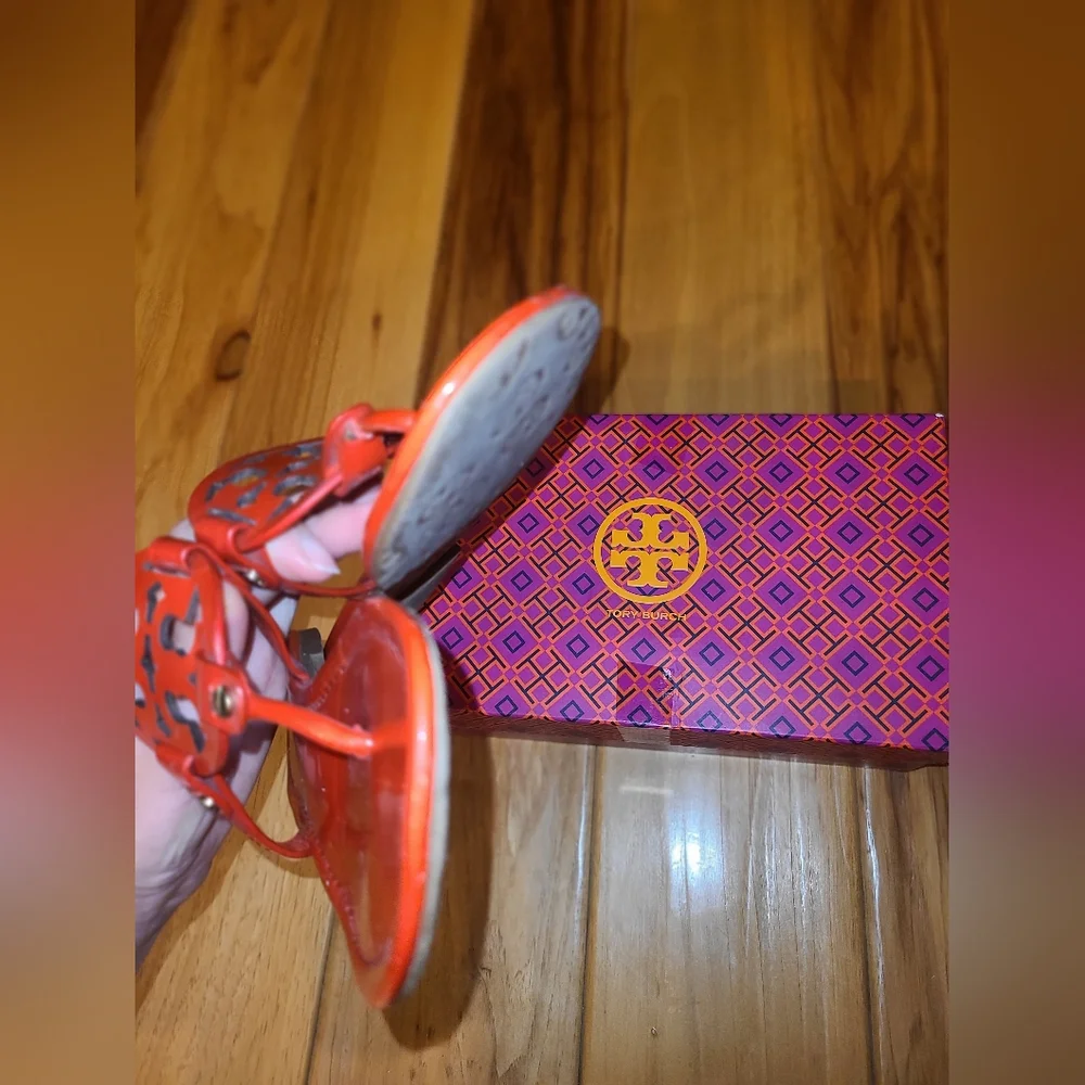 Tory Burch Designer Red Orange Miller Leather Sandals 7 - Picture 4 of 7